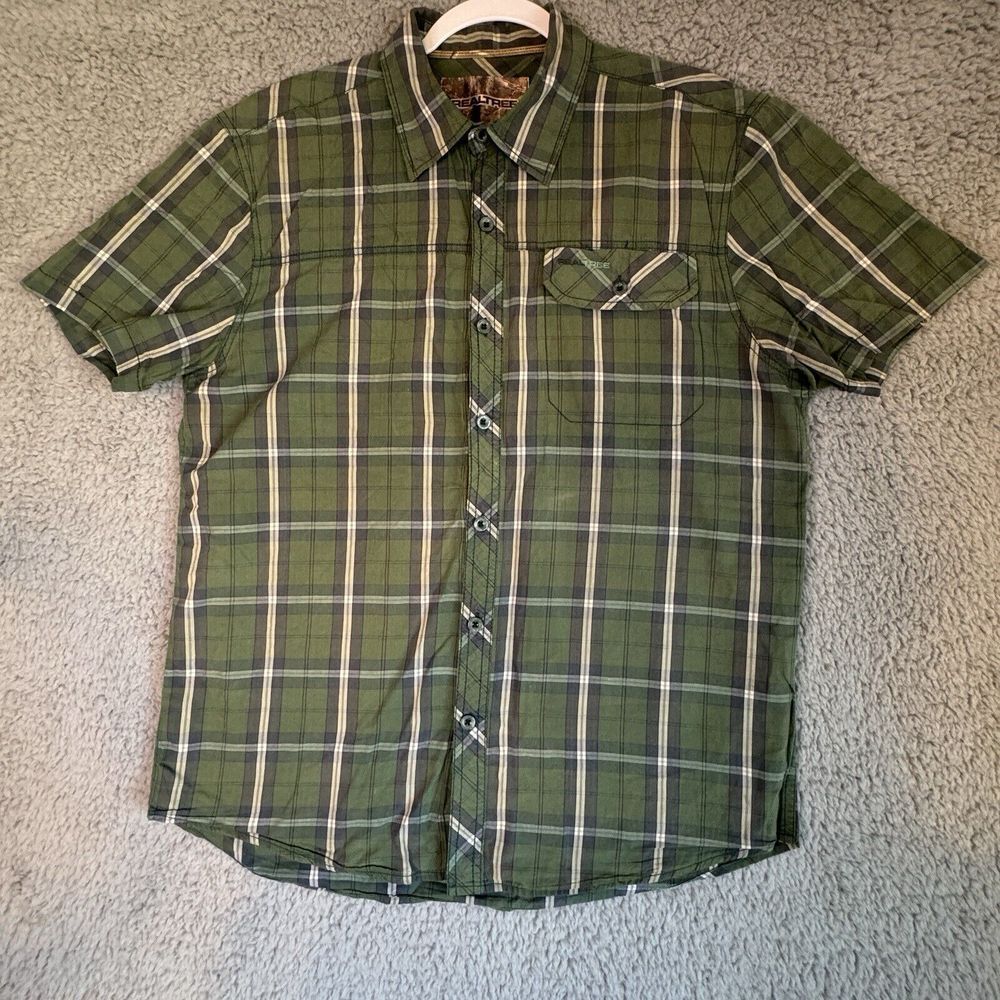 Realtree Green Blue & White Plaid Button Front Short Sleeve Collared Shirt Sz M